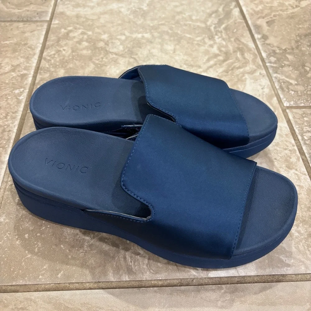 Vionic Monica Navy Blue Platform Slide Sandals Womens 6 Orthotic Comfort
